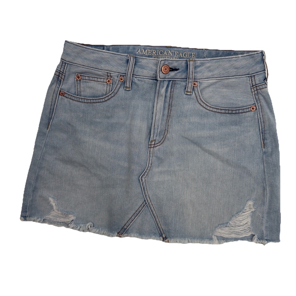 American Eagle‎ Denim Mini Skirt Size 4 Women's Light Wash Raw Hem Distressed